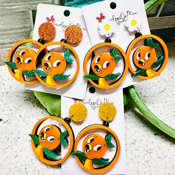 Orange Bird Earrings - Epcot Inspired Lightweight Acrylic Dangle Drop Disney Costume Jewelry - Bright Orange and Green - Gold Sparkle