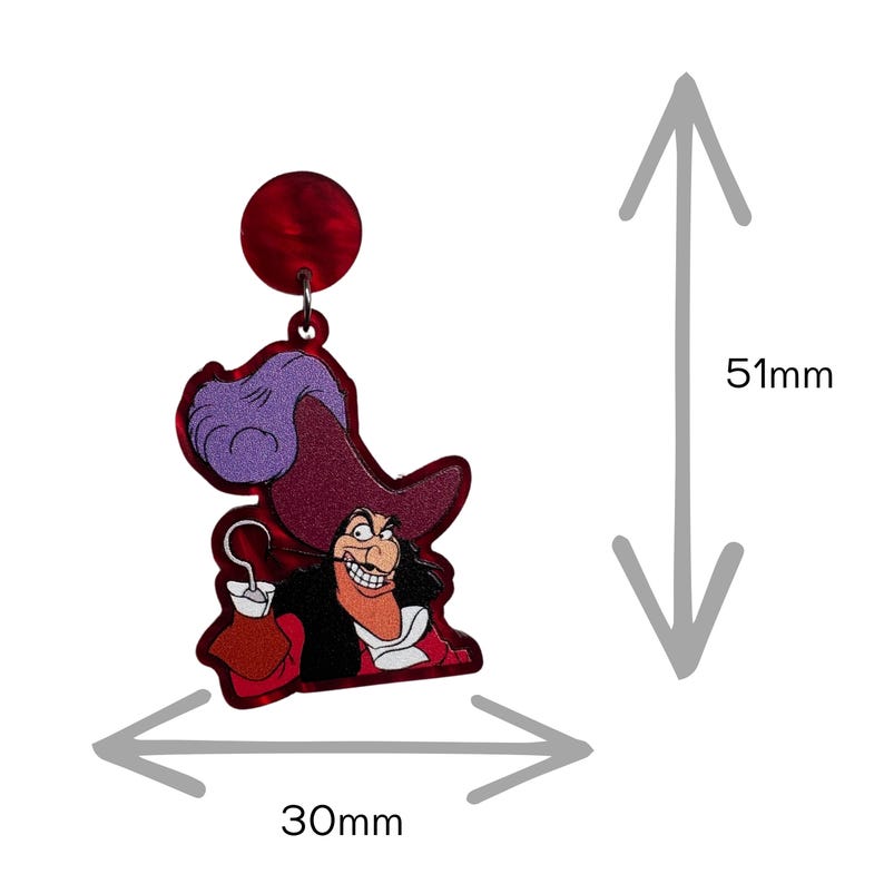 May include: Red and purple acrylic earring featuring Captain Hook from Disney's Peter Pan. The earring is 1.97 inches (5 cm) tall and 1.18 inches (3 cm) wide.