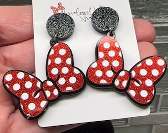 Minnie Bow Dangle Earrings: Red Polka Dot Acrylic, Hypoallergenic