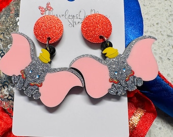 Dumbo Earrings - Lightweight Acrylic Dangle Drop Elephant Costume Jewelry - Hypoallergenic - Gift For Fish Extender - Red Glitter Posts