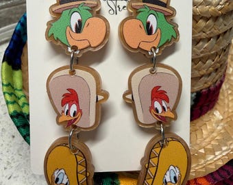 The Three Caballeros Earrings - Featuring Donald Duck, Panchito, and José from The Gran Fiesta Tour Epcot - Lightweight Acrylic Dangle Drop