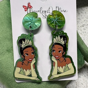 Princess Tiana Earrings - Princess & The Frog Lightweight Acrylic Dangle Drop Jewelry - Stainless Steel Hypoallergenic - Green Lily Pad Post