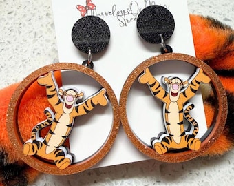 Tigger Earrings - Winnie the Pooh Acrylic Dangle Drop Costume Jewelry - Hypoallergenic Stainless Steel - Fish Extender Gift