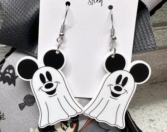 Mickey Ghost Earrings - Halloween Inspired Lightweight Acrylic Dangle Jewelry - Hypoallergenic - Fish Extender or Stocking Stuffer Gift
