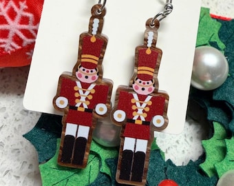 Christmas Toy Soldier Dangle Drop Earrings - Xmas Fantasy Parade Themed Lightweight Acrylic Jewelry - Hypoallergenic Stocking Stuffer Gifts