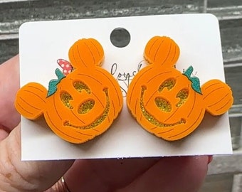 Mickey Pumpkin Stud Earrings - Halloween Mickey Mouse Lightweight Acrylic Jewelry - Hypoallergenic Fish Extender Stocking Stuffer Gifts