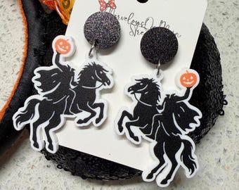 Headless Horseman Earrings - Halloween Inspired Lightweight Acrylic Dangle Drop Jewelry - Hypoallergenic Fish Extender Gift - Black Glitter