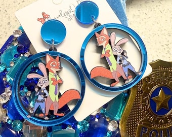 Zootopia Earrings Featuring Nick & Judy -  Acrylic Dangle Drop Earrings - Hypoallergenic Stainless Steel - Fish Extender Gift