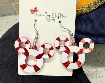 Mickey Life Preserver Earrings - Buoy Shaped Lightweight Acrylic Jewelry - Hypoallergenic - Fish Extender Gift for Cruise - Red and White