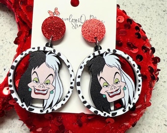 Cruella Deville Earrings - 101 Dalmatians Acrylic Dangle Drop Costume Jewelry - Hypoallergenic - Fish Extender Gifts - Red Glitter Posts