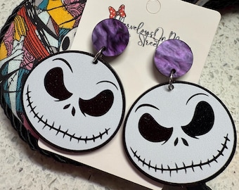 Jack Skellington Earrings - Halloween Nightmare Before Christmas Inspired Lightweight Acrylic Dangle Drop Jewelry - Marble Purple Post