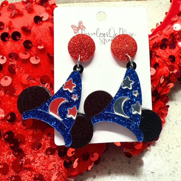 Sorcerer Mickey Hat - Lightweight Acrylic Dangle Drop Costume Statement Jewelry - Hypoallergenic - Fish Extender Gift - Red Glitter Posts