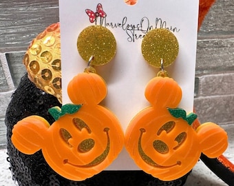 Mickey Pumpkin Earrings - Halloween Mickey Mouse Inspired Lightweight Acrylic Dangle Drop Jewelry - Hypoallergenic Fish Extender Gift