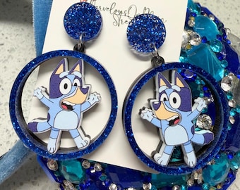 Bluey Dangle Drop Earrings - Bluey Lightweight Acrylic Jewelry - Hypoallergenic Cruise Fish Extender Gift - Blue Glitter Posts
