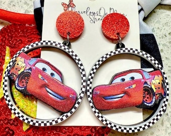 Lightning McQueen Earrings - Cars Lightweight Dangle Drop Costume Jewelry - Hypoallergenic Fish Extender Gift - Red Glitter Posts - KaChow!