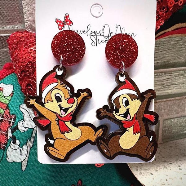 Chip 'n Dale Christmas Dangle Drop Earrings - Xmas Themed Lightweight Acrylic Jewelry - Hypoallergenic Stocking Stuffer Gifts - Red Glitter
