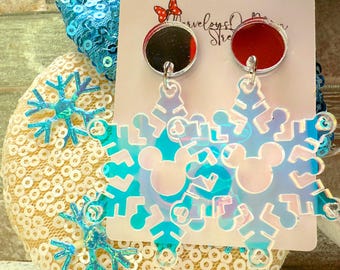 Mickey Snowflake Earrings - Lightweight Acrylic Dangle Drop Jewlery - Hypoallergenic - Fish Extender Gift - Iridescent