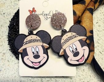 Safari Mickey Mouse Dangle Drop Earrings -  Themed Lightweight Acrylic Jewelry - Hypoallergenic Fish Extender Gift - Safari Mickey