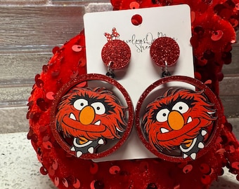 Animal Dangle Drop Earrings - Muppets Themed Lightweight Acrylic Jewelry - Hypoallergenic Cruise Fish Extender Gift - Red Glitter Posts