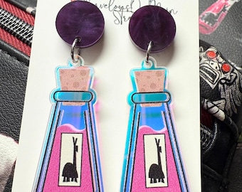 Kuzco's Poison Bottle Earrings - Emperors New Groove Yzma Acrylic Dangle Drop Jewlery - Hypoallergenic Fish Extender Gift - Iridescent