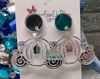 Cinderella Royal Carriage Mirrored Earrings - Lightweight Acrylic Dangle Drop Jewelry - Hypoallergenic - Fish Extender Gift - Silver Mirror