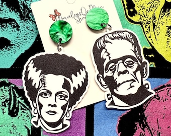 Bolt & Stitch Universal Monster Earrings - Frankenstein and Bride Lightweight Acrylic Costume Jewelry - Hypoallergenic Fish Extender Gift