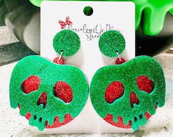 Poison Apple Earrings - Snow White Inspired Lightweight Acrylic Dangle Drop Jewelry - Hypoallergenic Fish Extender Gift - Green Glitter Post