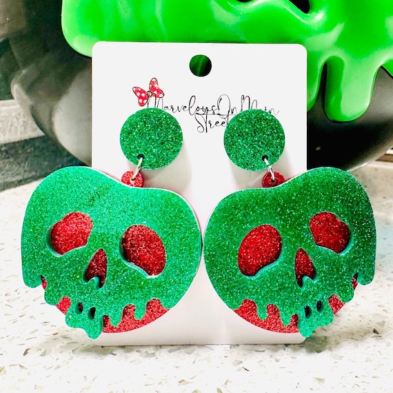 Poison Apple Earrings - Snow White Inspired Lightweight Acrylic Dangle Drop Jewelry - Hypoallergenic Fish Extender Gift - Green Glitter Post