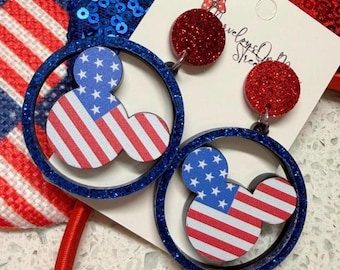 Boucles d'oreilles patriotiques Mickey Mouse - Bijoux fantaisie pendants légers - Cadeau hypoallergénique Fish Extender - Poteaux scintillants rouges