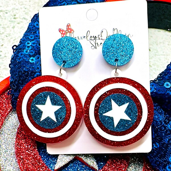 Captain America Shield Earrings - Lightweight Acrylic Dangle Drop Jewelry - Stainless Steel Hypoallergenic - Nickel Free - Fish Extender