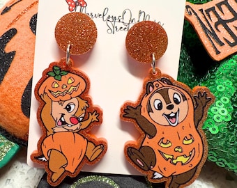 Chip 'n Dale Halloween Earrings: Orange Glitter Acrylic Dangle