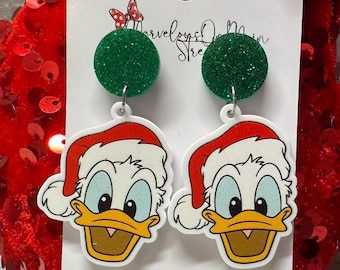 Santa Donald Christmas Dangle Drop Earrings - Xmas Themed Lightweight Acrylic Jewelry - Hypoallergenic Stocking Stuffer Gifts -Green Glitter
