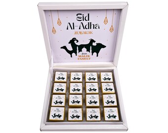 Personalized Chocolate Favors, 16 pcs Box, Eid al-Adha, Eid Mubarak Favors for Guest, Hajj Umrah Mubarak, Eid Chocolate Gift, Halal