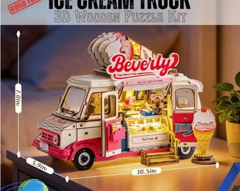 LED Light-Up Retro Ice Cream Truck 3D Wooden Puzzle Kit | Glue-Free DIY Model | Nostalgic Home Decor, Unique Gift for Crafters and Teens