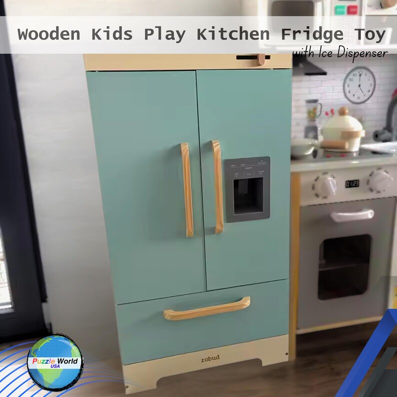 Wooden Kids Play Kitchen Fridge Toy with Ice Dispenser, Montessori Pretend Play Set, Toddler Learning Toy Age 3+ Gift Birthday