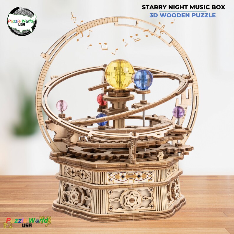 Rotating Starry Night 3D Puzzle Box DIY Wood Block Assembly Kit 3D