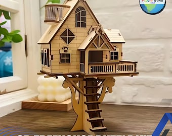 May include: A wooden 3D treehouse puzzle kit. The treehouse features multiple levels, balconies, and a ladder, all crafted from light-colored wood. The text "3D TREEHOUSE PUZZLE KIT" is displayed at the bottom of the image.