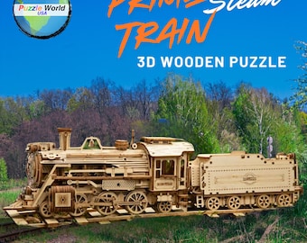 May include: A detailed wooden 3D puzzle of a steam train. The model is made of light-colored wood and features intricate details of the train's engine, wheels, and carriages. The text "PRIME Steam TRAIN 3D WOODEN PUZZLE" is displayed above the train.