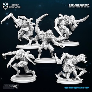 May include: A collection of five white, pre-supported miniature figures of alien creatures. Each figure has a detailed, insectoid design with sharp claws and menacing poses. The figures are on round bases, with the Den of Imagination logo visible.