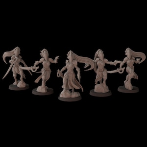 May include: Five miniature figurines of female warriors with flowing hair and swords. The figures are painted in a light brown color and are posed in a dynamic fighting stance.