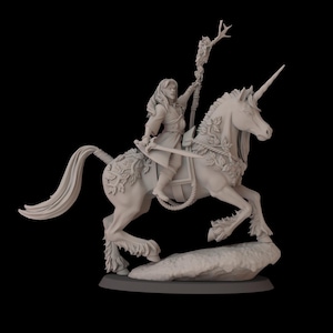 May include: A white, detailed miniature figurine of a woman riding a unicorn. The unicorn has a horn, flowing mane, and is adorned with leaves. The woman is holding a staff with leaves at the top.
