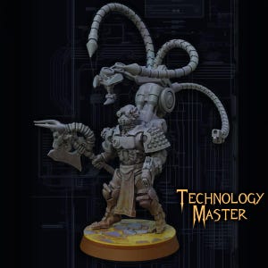 May include: A detailed figurine of a futuristic warrior, holding a large axe. The figure is gray with mechanical details and is mounted on a circular base. The text "Technology Master" is displayed on the right side of the image.