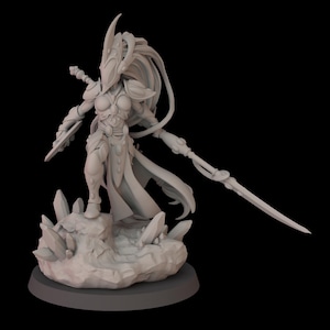 May include: A detailed, light gray figurine of a warrior woman, standing on a rocky base. She is clad in ornate armor and holds a sword and a spear. The figure has a helmet with flowing hair-like details, and a flowing cape. The background is black.