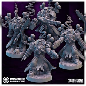 May include: A collection of gray miniature figures of armored warriors, each with detailed weaponry and mechanical attachments. The figures are posed in dynamic stances, with a skull motif prominent on their armor. The base of each figure is circular.