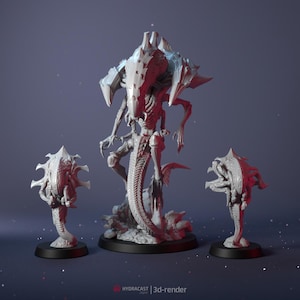 May include: A 3D-rendered image of three detailed, gray alien-like creatures. The central figure is tall with multiple limbs and a segmented tail. Two smaller figures flank it. The figures are on black bases. The text "HYDRACAST | 3d-render" is at the bottom.