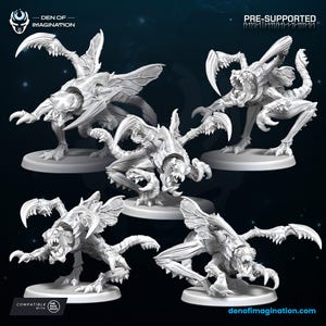 May include: A collection of five pre-supported, detailed, white miniature figures of insectoid creatures with sharp claws and teeth. The figures are posed in dynamic stances, with the text "Den of Imagination" and "Pre-Supported" visible.