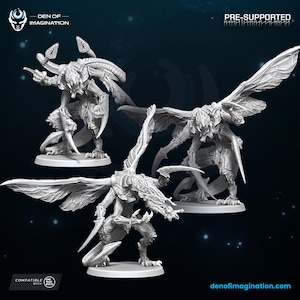 May include: Three white, pre-supported miniature figures of insectoid creatures with large wings, sharp claws, and multiple appendages. The figures are on circular bases. The image includes the text "DEN OF IMAGINATION" and "PRE-SUPPORTED".