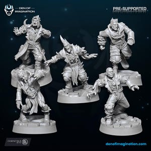 May include: Five pre-supported miniature figures of undead characters, each posed on a textured base. The figures are detailed with tattered clothing and grotesque features. The Den of Imagination logo is in the upper left corner.