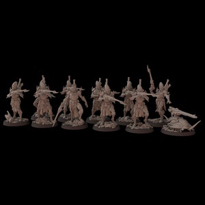 May include: A set of nine unpainted miniature figures, each standing on a round base. The figures are posed in a variety of fighting stances, holding weapons such as swords and spears. The figures are made of a light gray plastic.
