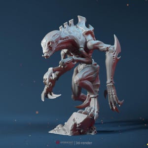May include: A gray, 3D-rendered model of a creature with a skeletal head, sharp claws, and segmented limbs. The creature is posed on a rocky base against a dark blue background. The text "HYDRACAST | 3d-render" is at the bottom.